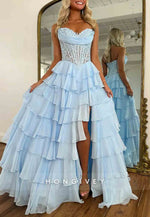 Strapless Sweetheart A-Line Side Slit Empire Prom Dresses with Ruffles