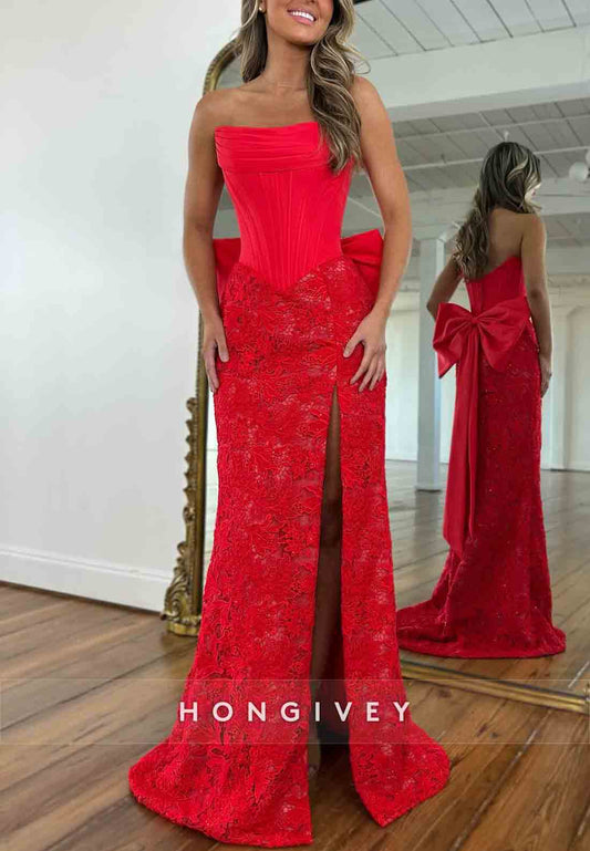 Red Strapless Trumpet High Slit Embroidery Prom Dresses with Bowknot