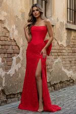 Red Strapless Trumpet High Slit Embroidery Prom Dresses with Bowknot