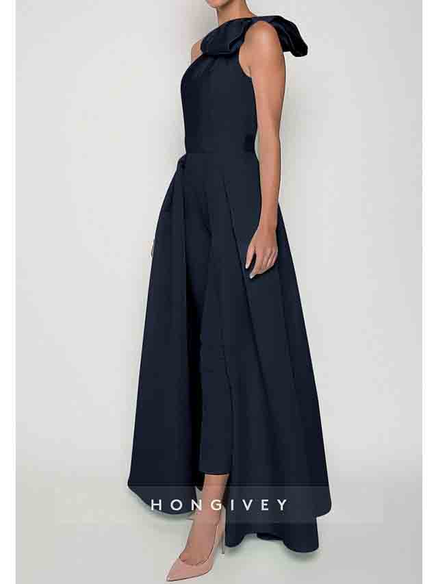 One Shoulder Bow Jumpsuit Detachable Evening Dress