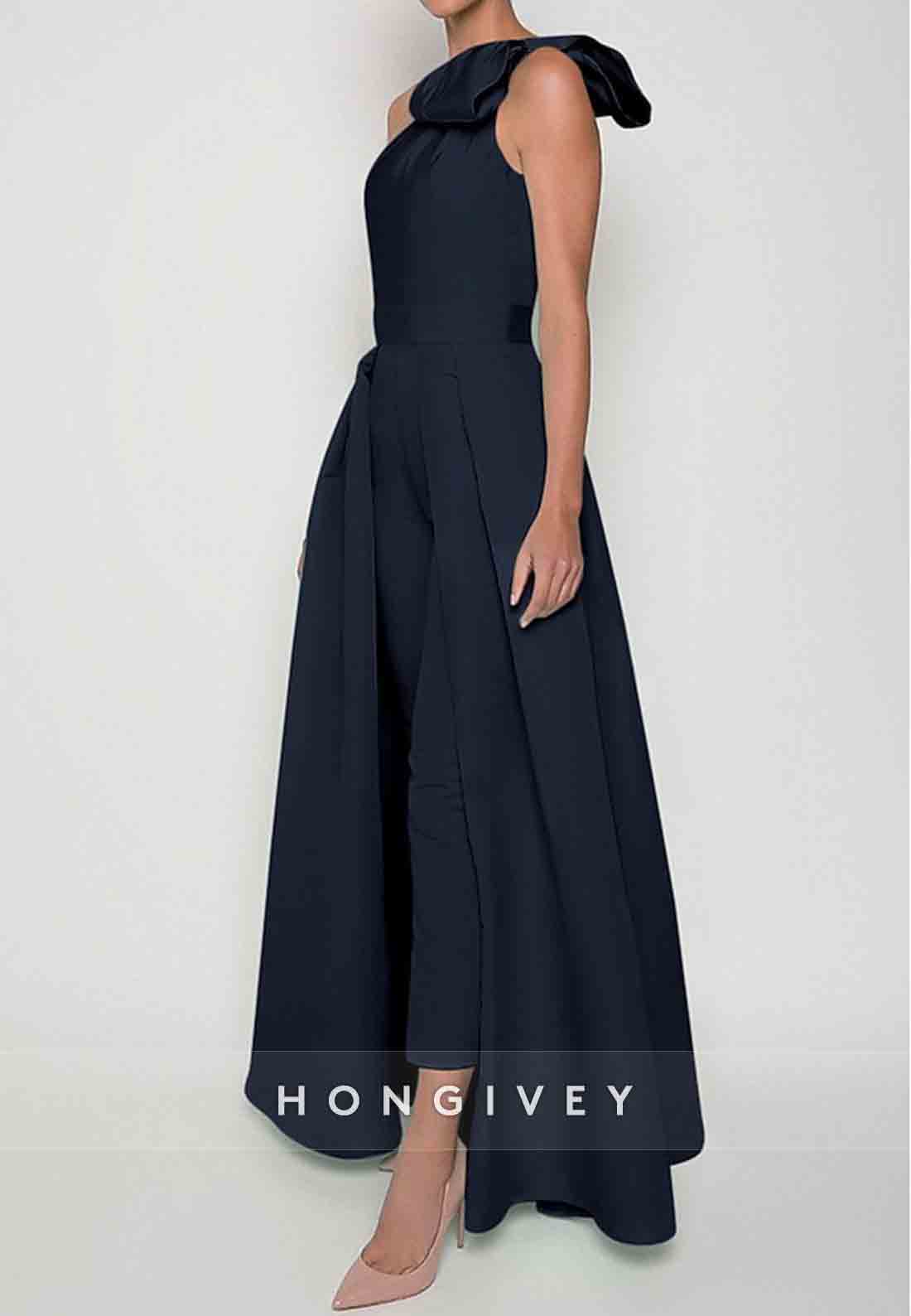 Sleeveless Jumpsuits Evening Gown Formal Wedding Guest One Shoulder Convertible Stretch Fabric with Bow(s) Pleats Overs
