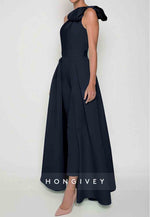 Sleeveless Jumpsuits Evening Gown Formal Wedding Guest One Shoulder Convertible Stretch Fabric with Bow(s) Pleats Overs