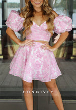 Cute Pink Off the Shoulder Split A-Line Short Homecoming Dress with Puff Sleeve
