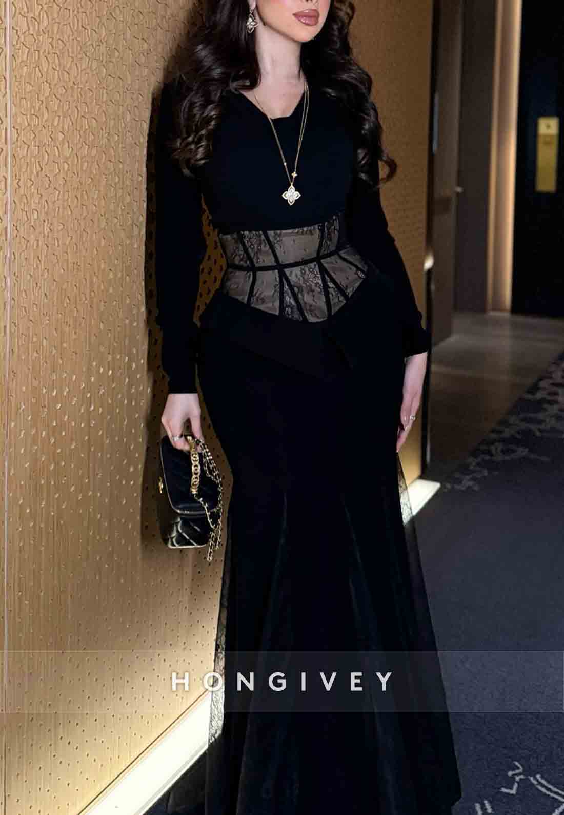 Black Long Sleeves Lace Trumpet Ankle-Length Evening Gowns