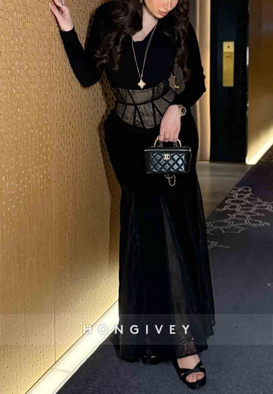 Black Long Sleeves Lace Trumpet Ankle-Length Evening Gowns