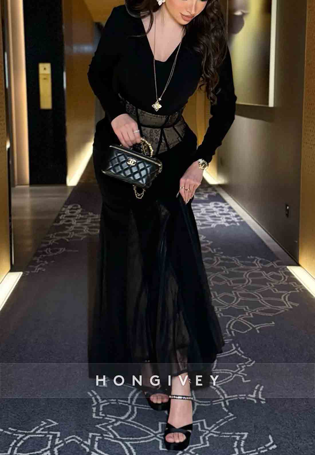 Black Long Sleeves Lace Trumpet Ankle-Length Evening Gowns