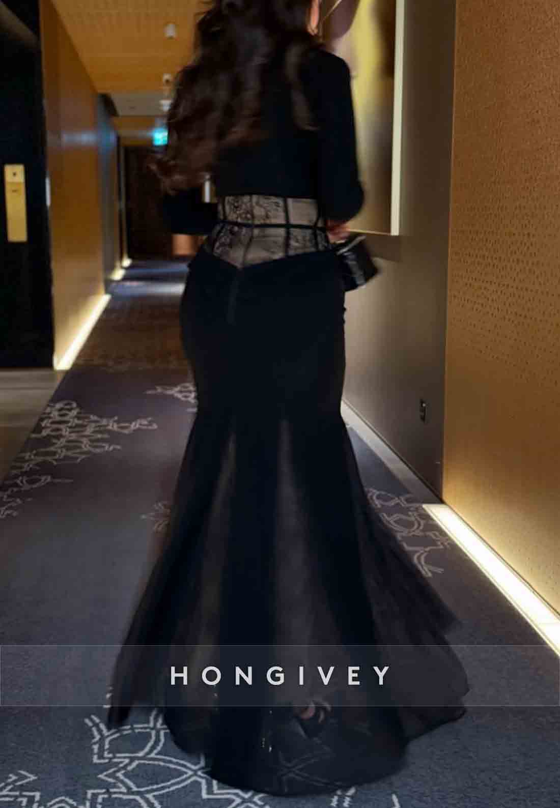 Black Long Sleeves Lace Trumpet Ankle-Length Evening Gowns