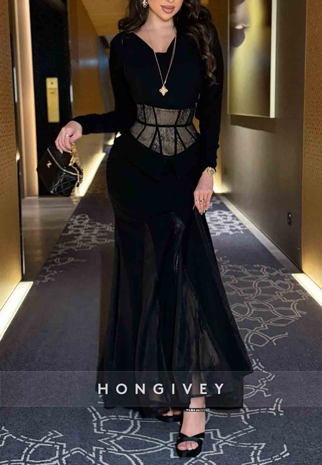 Black Long Sleeves Lace Trumpet Ankle-Length Evening Gowns