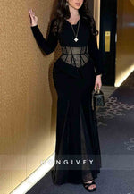 Black Long Sleeves Lace Trumpet Ankle-Length Evening Gowns
