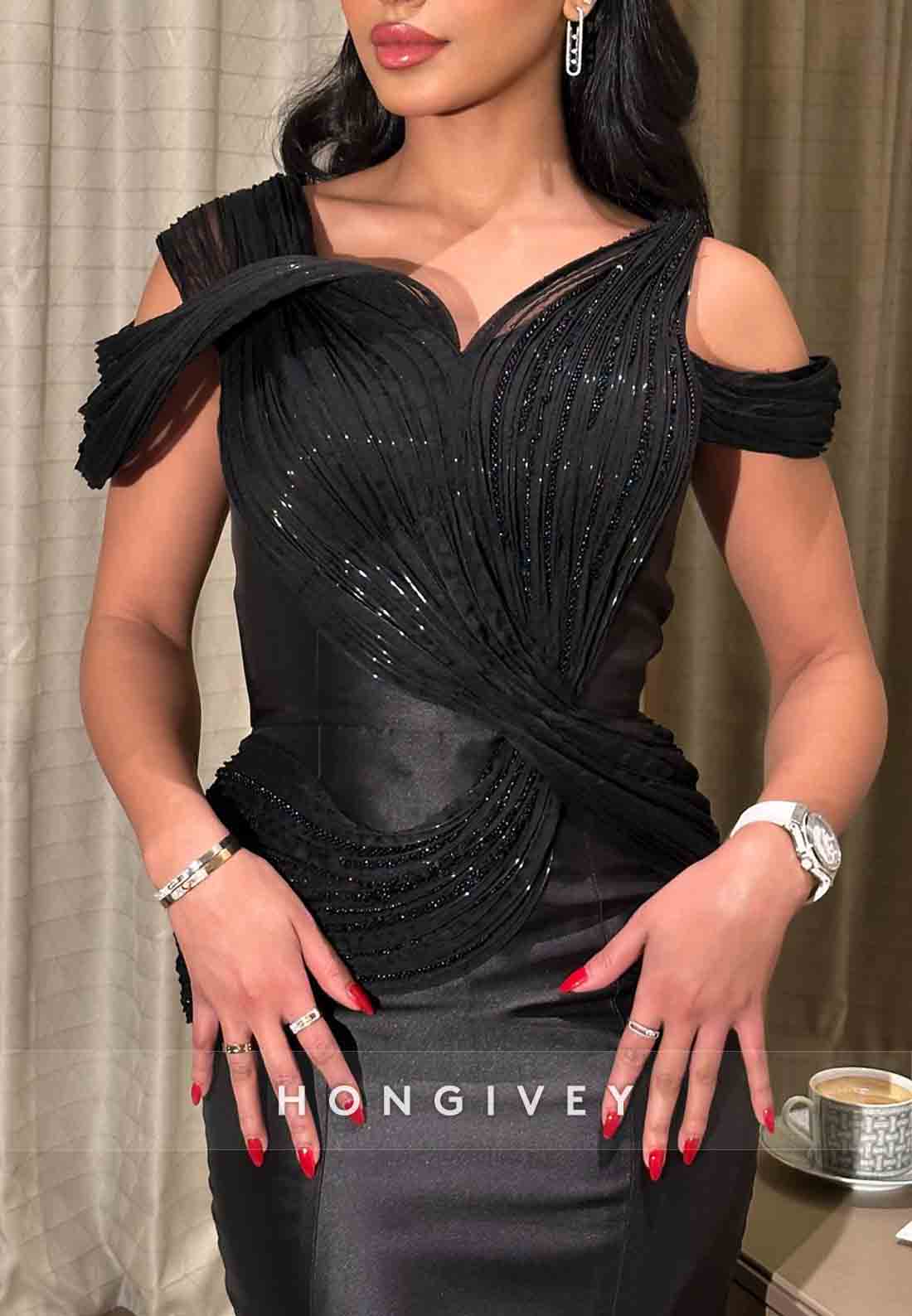 Elegant Black Mermaid Satin Off-Shoulder Pleated Evening Gowns