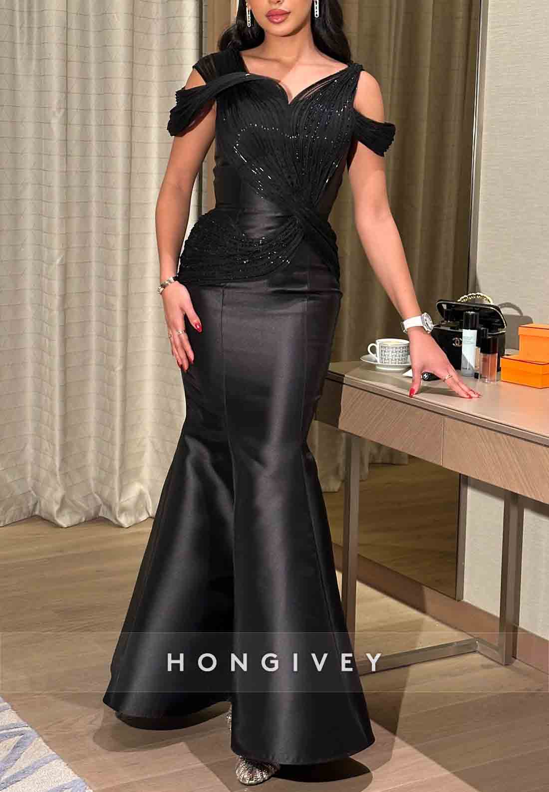 Elegant Black Mermaid Satin Off-Shoulder Pleated Evening Gowns