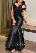 Elegant Black Mermaid Satin Off-Shoulder Pleated Evening Gowns