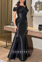Elegant Black Mermaid Satin Off-Shoulder Pleated Evening Gowns