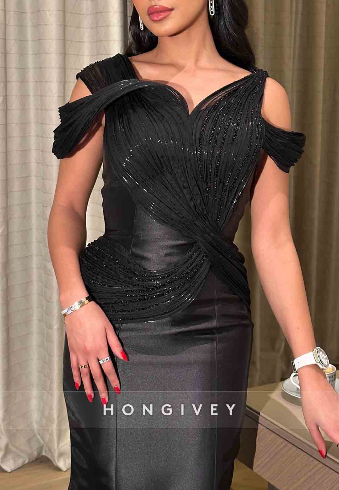 Elegant Black Mermaid Satin Off-Shoulder Pleated Evening Gowns