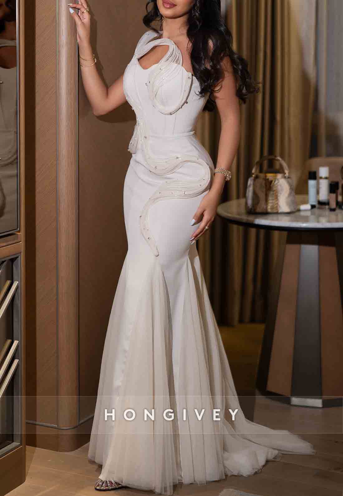 Floor-Length One Shoulder Trumpet Evening Gowns with Rhinestone