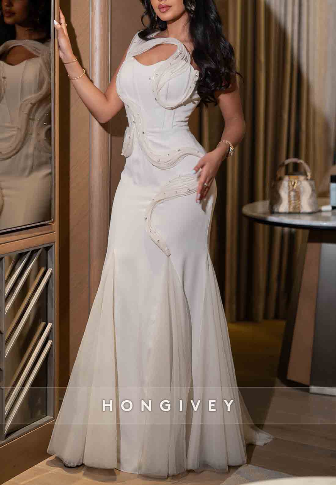 Floor-Length One Shoulder Trumpet Evening Gowns with Rhinestone