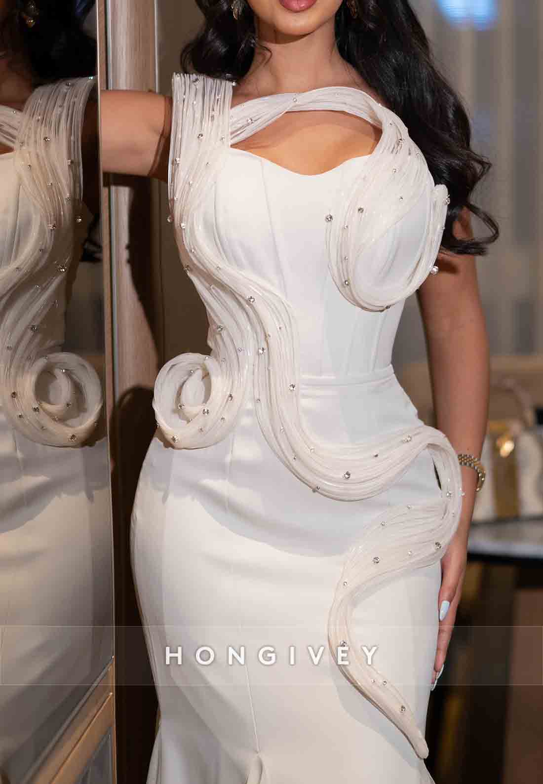 Floor-Length One Shoulder Trumpet Evening Gowns with Rhinestone