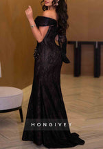 Lace Trumpet Off the Shoulder Evening Gowns with Asymmetrical Sleeves