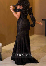 Lace Trumpet Off the Shoulder Evening Gowns with Asymmetrical Sleeves