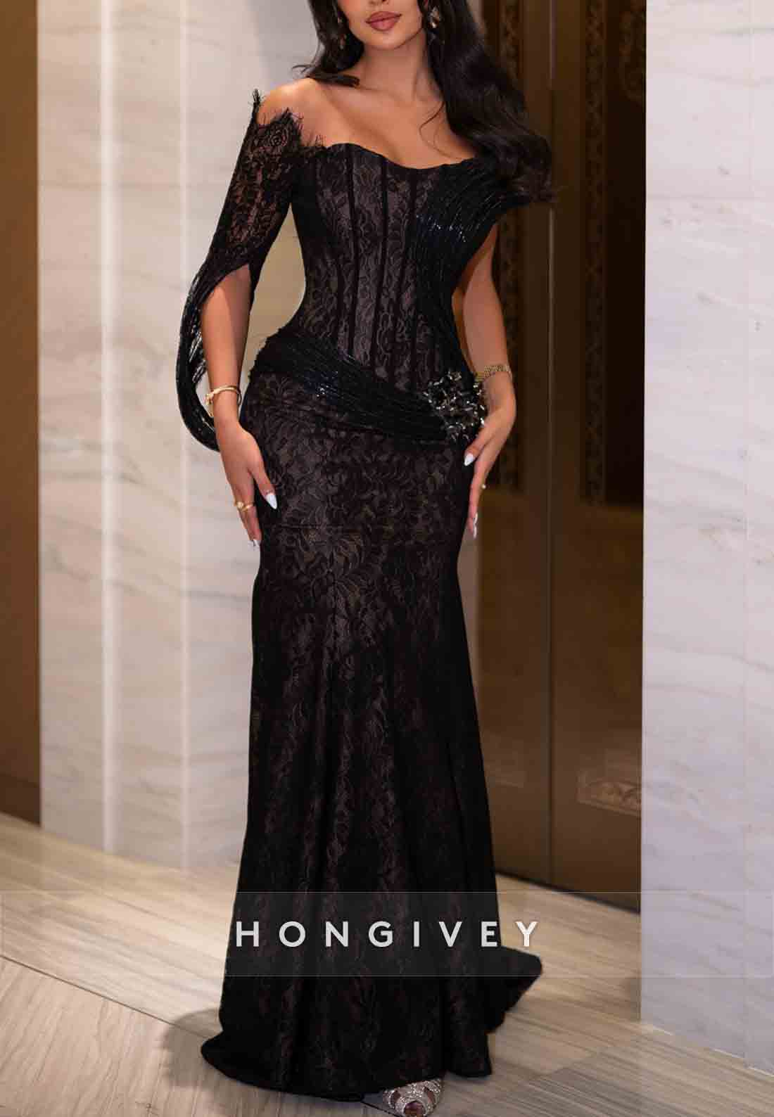 Lace Trumpet Off the Shoulder Evening Gowns with Asymmetrical Sleeves