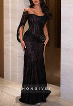 Lace Trumpet Off the Shoulder Evening Gowns with Asymmetrical Sleeves