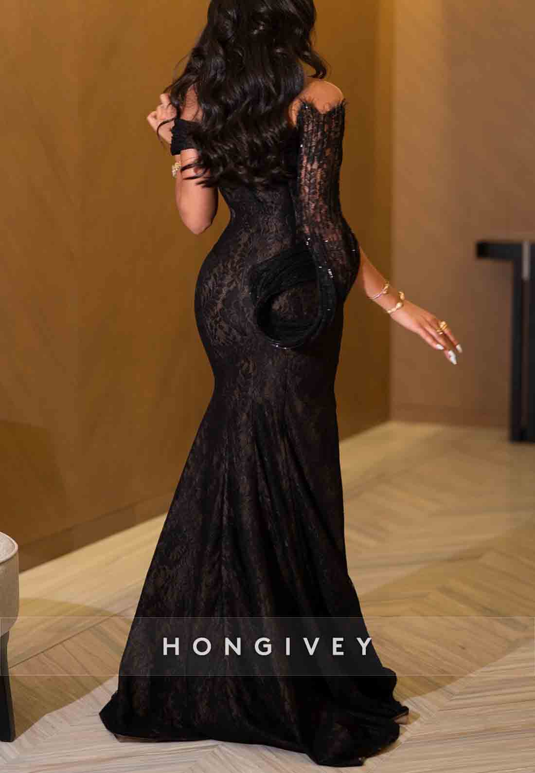 Lace Trumpet Off the Shoulder Evening Gowns with Asymmetrical Sleeves