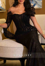 Lace Trumpet Off the Shoulder Evening Gowns with Asymmetrical Sleeves