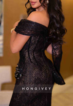 Lace Trumpet Off the Shoulder Evening Gowns with Asymmetrical Sleeves