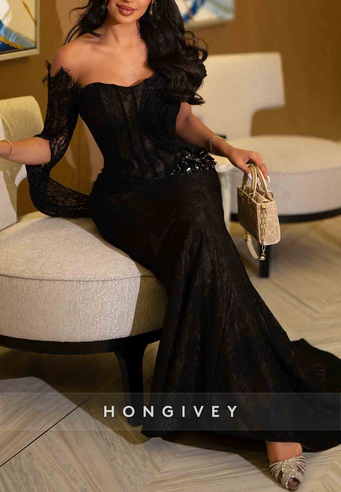 Lace Trumpet Off the Shoulder Evening Gowns with Asymmetrical Sleeves