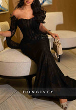 Lace Trumpet Off the Shoulder Evening Gowns with Asymmetrical Sleeves