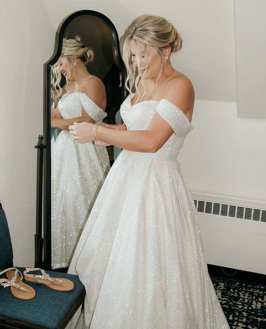Gorgeous Glitter White Wedding Dress Sequin off-the-Shoulder Bridal Gown