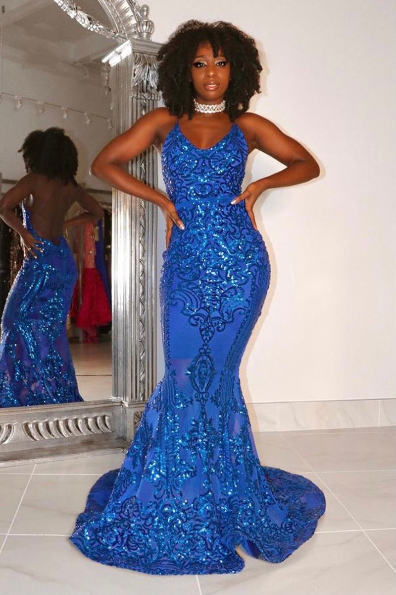 Gorgeous Halter V-Neck Sleeveless Mermaid Prom Dresses Sequins Long