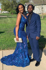 Gorgeous Halter V-Neck Sleeveless Mermaid Prom Dresses Sequins Long