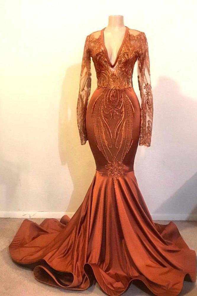 Gorgeous Mermaid V-neck Long Sleevess Prom Dresses
