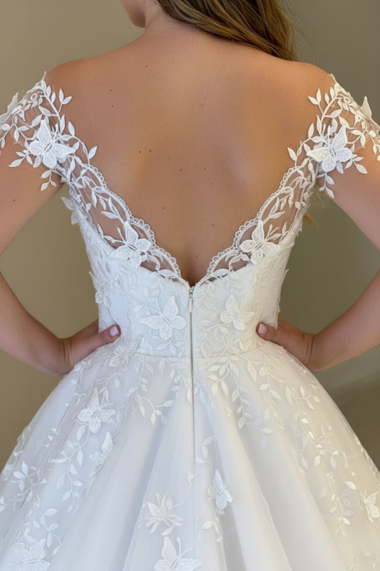 Gorgeous Off Shoulder White Lace Aline Wedding Dress Open Back