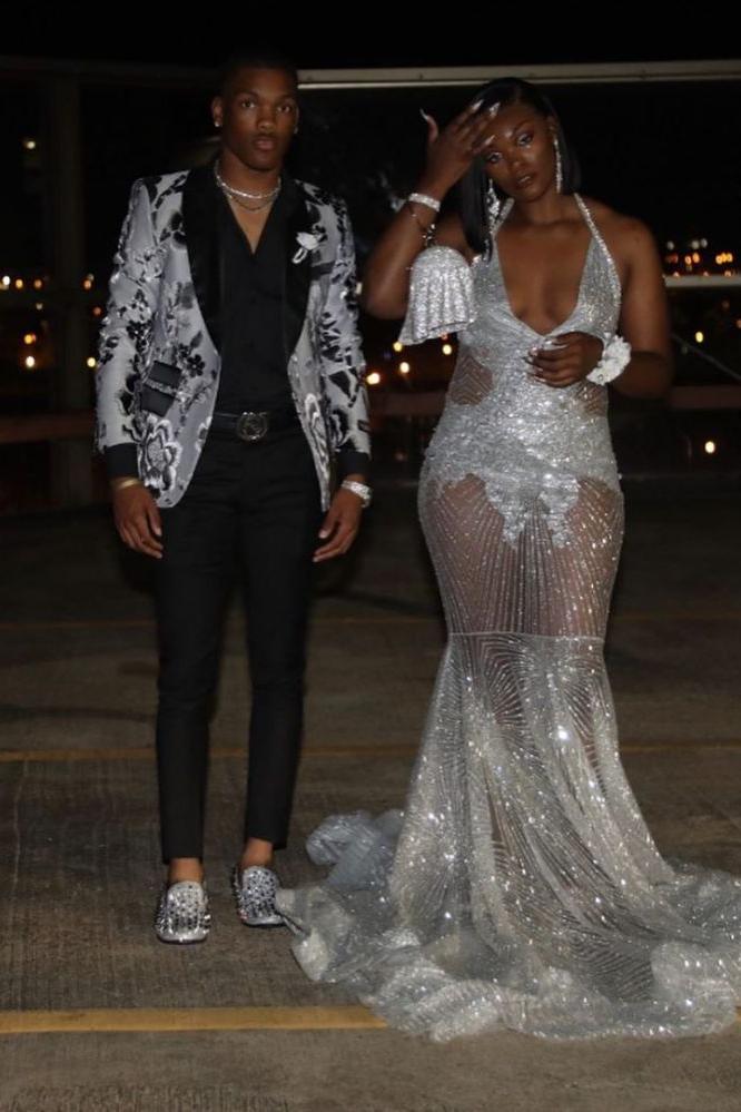 Gorgeous Silver Sequins See Through Halter Mermaid Court Train Prom Dresses