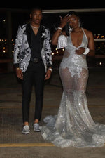 Gorgeous Silver Sequins See Through Halter Mermaid Court Train Prom Dresses