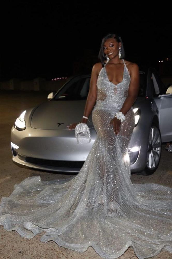 Gorgeous Silver Sequins See Through Halter Mermaid Court Train Prom Dresses