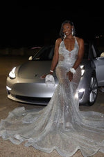 Gorgeous Silver Sequins See Through Halter Mermaid Court Train Prom Dresses