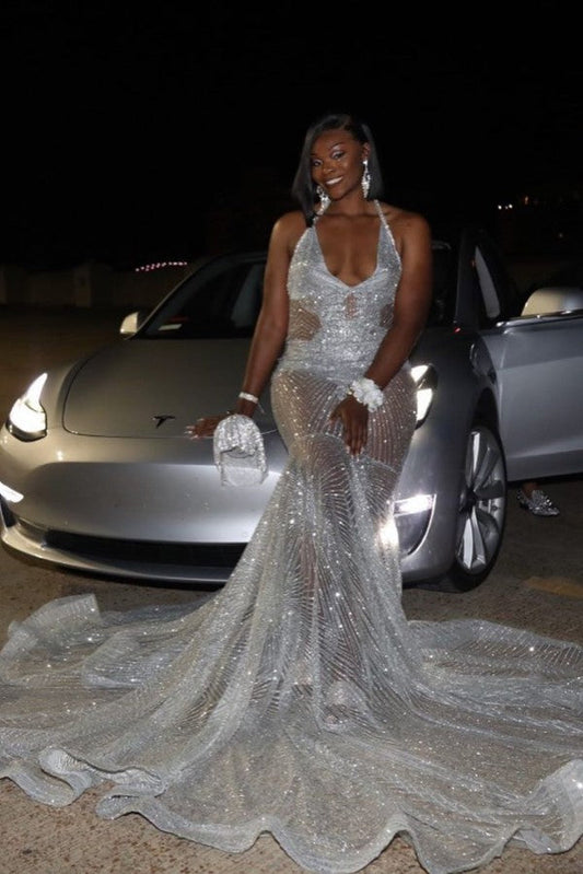 Gorgeous Silver Sequins See Through Halter Mermaid Court Train Prom Dresses