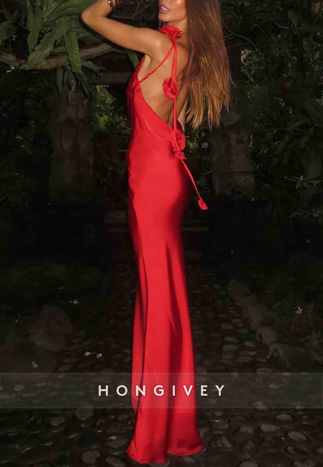 Sexy Red Backless Shoulder Flower Mermaid Floor-Length Satin Prom Dress
