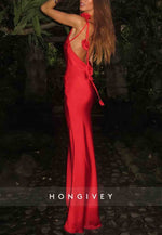Sexy Red Backless Shoulder Flower Mermaid Floor-Length Satin Prom Dress