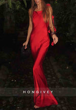 Sexy Red Backless Shoulder Flower Mermaid Floor-Length Satin Prom Dress