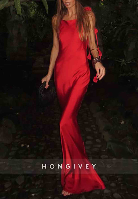 Sexy Red Backless Shoulder Flower Mermaid Floor-Length Satin Prom Dress