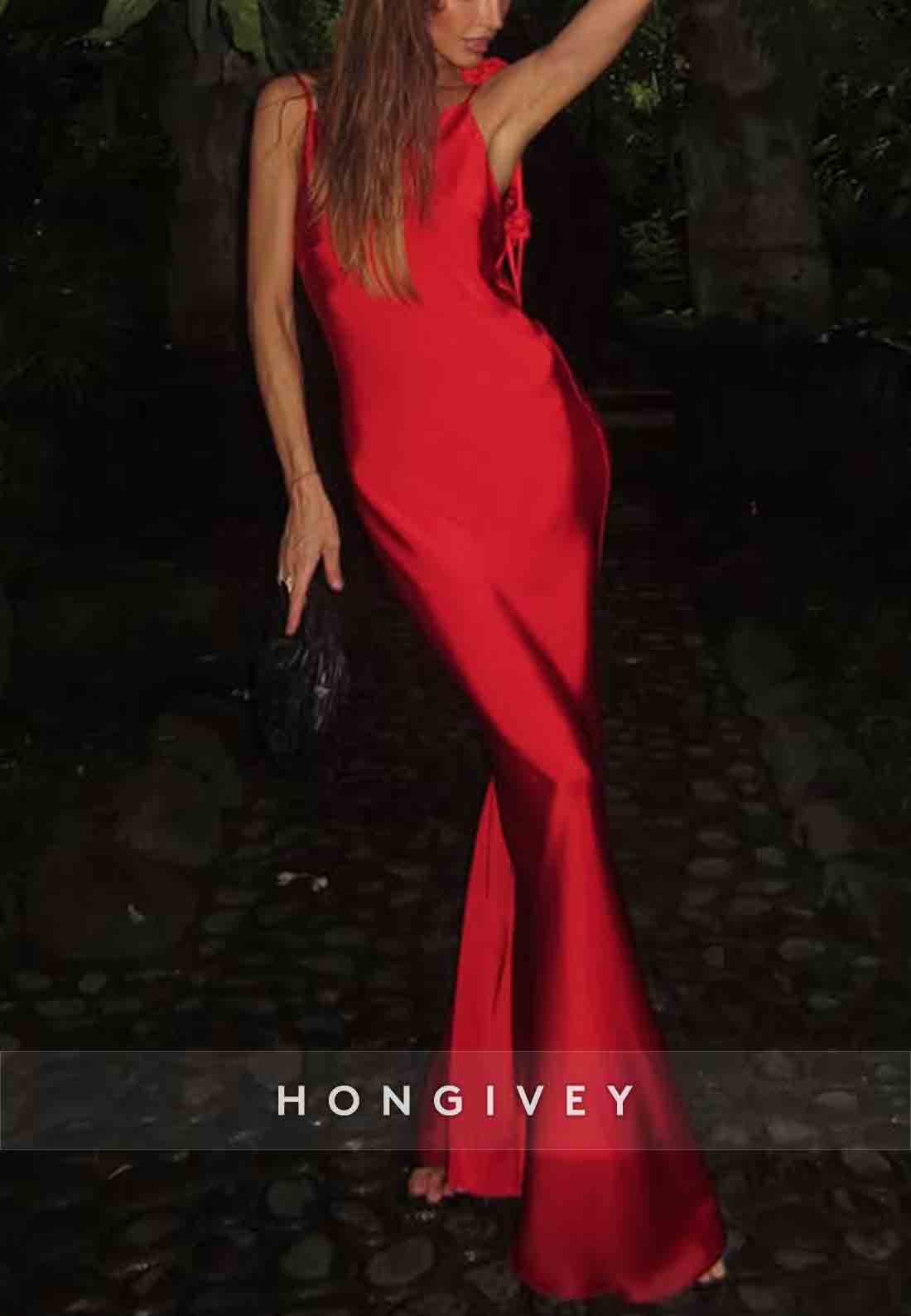 Sexy Red Backless Shoulder Flower Mermaid Floor-Length Satin Prom Dress