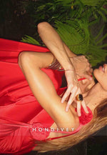 Sexy Red Backless Shoulder Flower Mermaid Floor-Length Satin Prom Dress