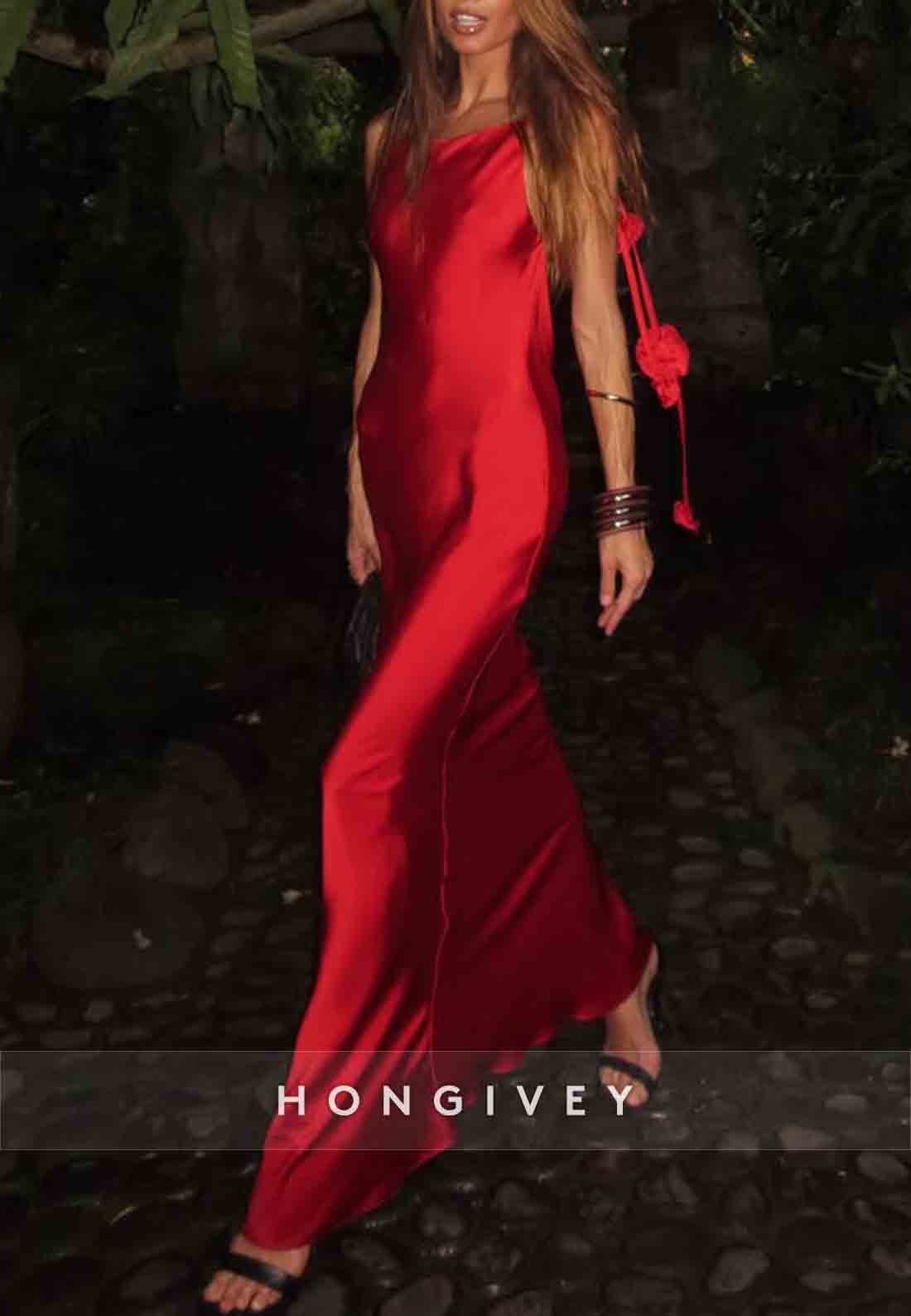 Sexy Red Backless Shoulder Flower Mermaid Floor-Length Satin Prom Dress