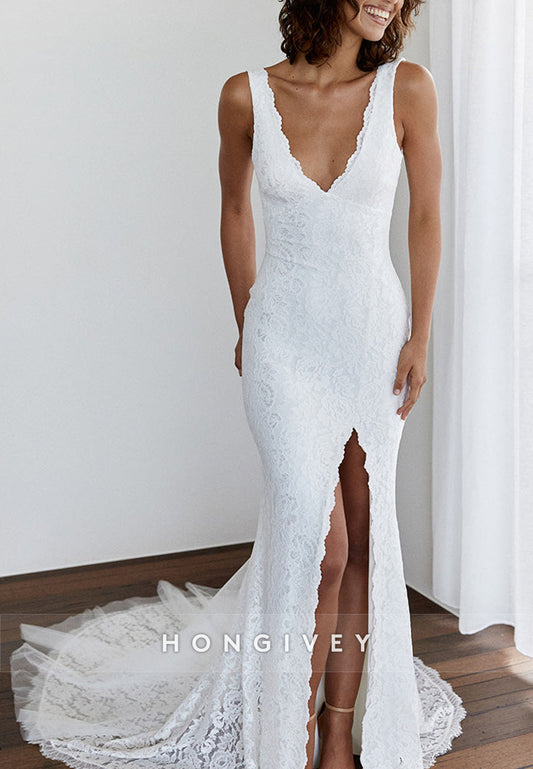 High Slit Backless Trumpet Scalloped Neck Lace Wedding Dresses