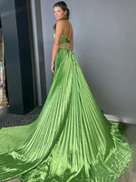 Green Pleated Satin Prom Dress with Slit Halter Neck Beaded Sheer