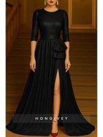 3/4 Sleeve O-Neck A-Line Bow Slit Evening Dress